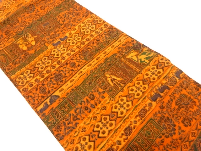 JAPANESE KIMONO / NAGOYA OBI / SILK / CHIRIMEN / FLORAL ARABESQUE & PEOPLE IN THE PAST